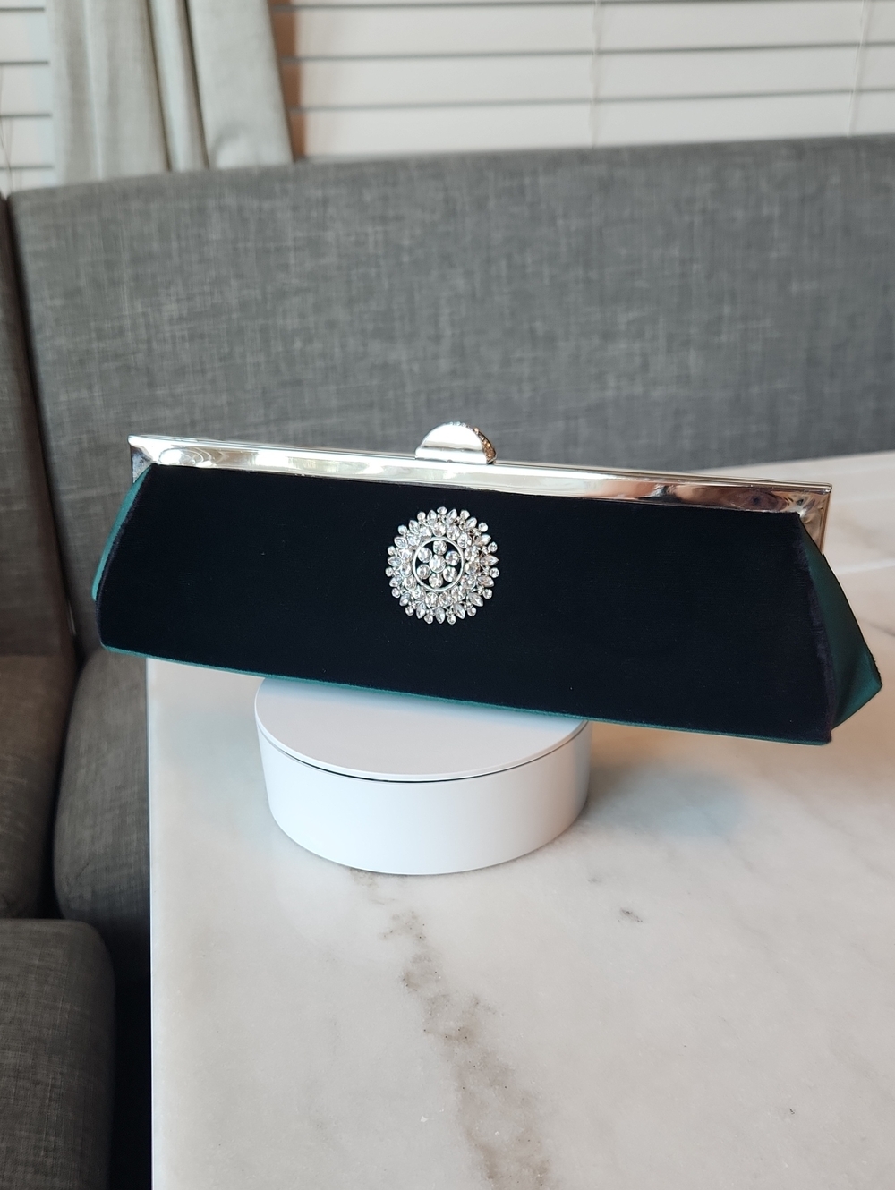Kate Landry Deep Green Velvet Evening Clutch with Rhinestone Brooch